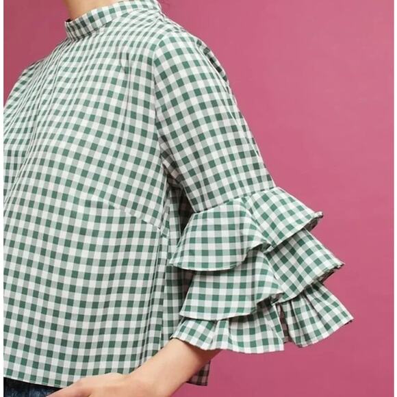 Anthropologie Sunday in Brooklyn 3/4 Sleeve Ruffled Checked Top Green Size Large - Picture 2 of 11
